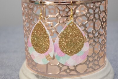 Pink Mint Mermaid Scale with Gold Glitter Teardrop Earrings - image2